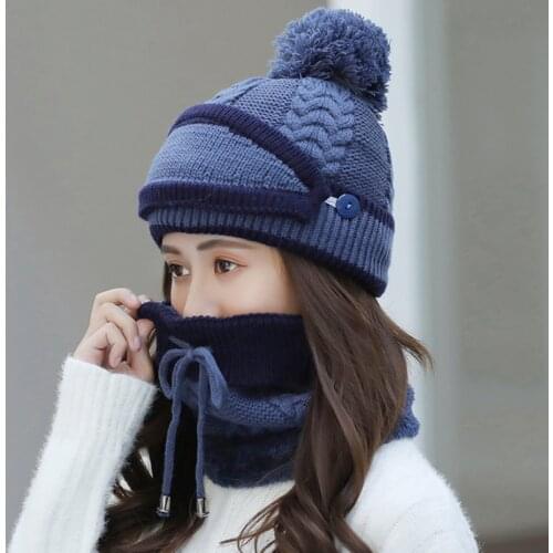 Womens Winter Neck Warmer Beanie 3 Pcs Scarf Hat Mask Set Knitted Pom Pom Ski Snow Cap Color Matching Casual New Fashion Suits
