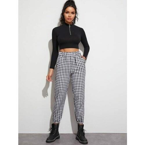 Fashion Women Gingham Plaid Elastic Waist Joggers Sport Trousers Slim Fit Long Pencil Pants Ladies Office Casual Pants