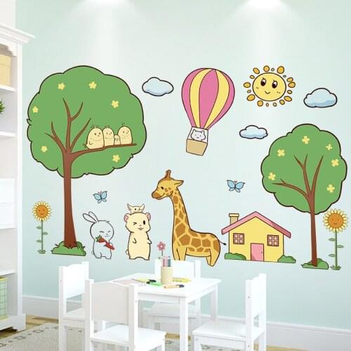 Cartoon Mouse Rabbit Giraffe Anmial Wall Stickers DIY Tree Wall Decals for House Kids Bedroom Baby Room Decoration