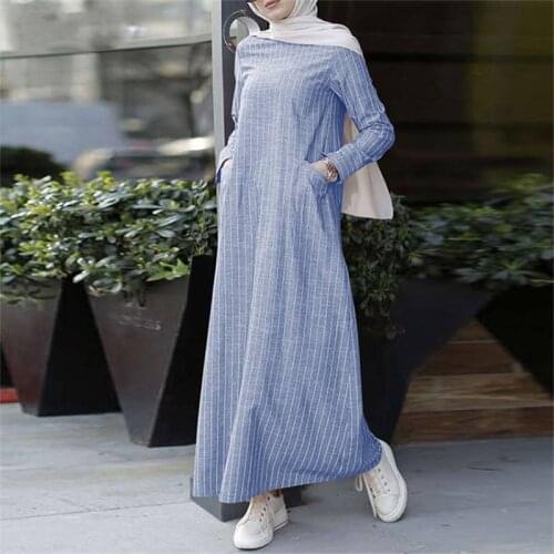 Women Muslim Maxi Abaya Dress Loose Nidha Long Sleeves Striped Dubai Turkey Islam Clothes Robe Modest Gown Elegance Vestido