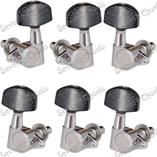 A Set Chrome Sealed Gear Tuning Pegs Machine Heads Tuners for Guitar accessories part With Black Big Square Wood Texture Button