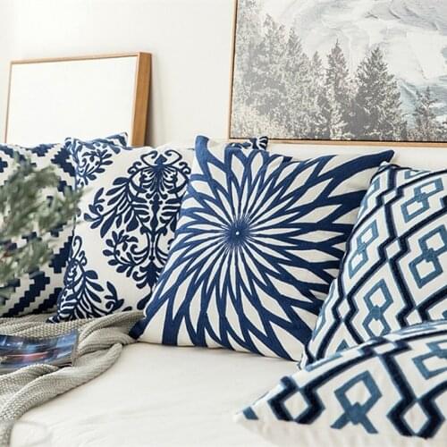 Wholesale Home Decor Embroidered Cushion Cover Navy Cotton Canvas Embroidery Pillow Cover Decorative Pillow Case Pillow Sham