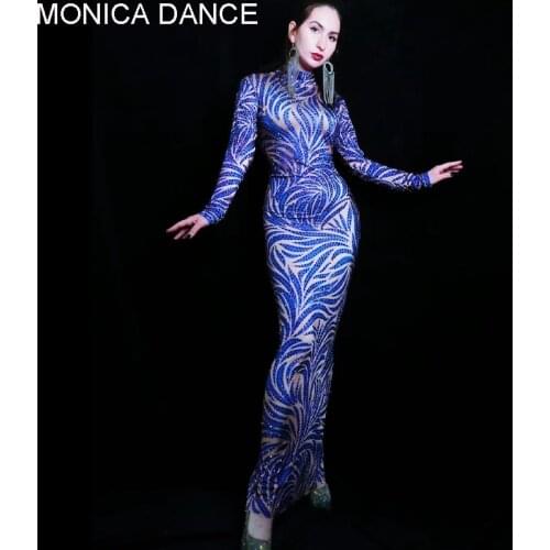 Sexy Luxury Birthday Purple Blue Rhinestones Long Dress Stretch Wrap Hips Spandex Skinny Long Sleeve Women Singer Host Outfit