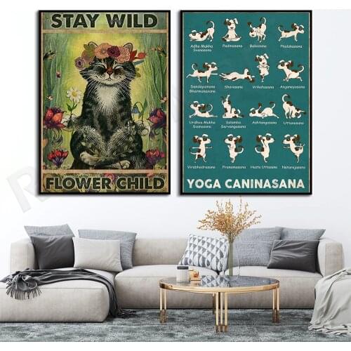 Yoga posters-stay in the wild flower girl, yoga print posters, retro posters, wall decoration, home logos, cat yoga posters, yog