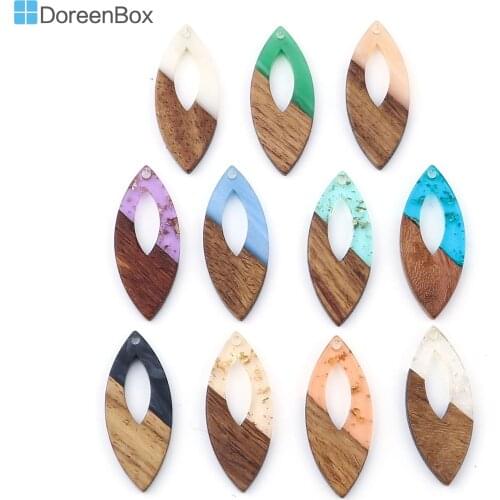 Doreen Box Secret Wood Series Olive Resin & Wood Charms Pendants Wood Effect Resin Pendants Marquise Natural 3.8cm x 1.6cm,3 PCs
