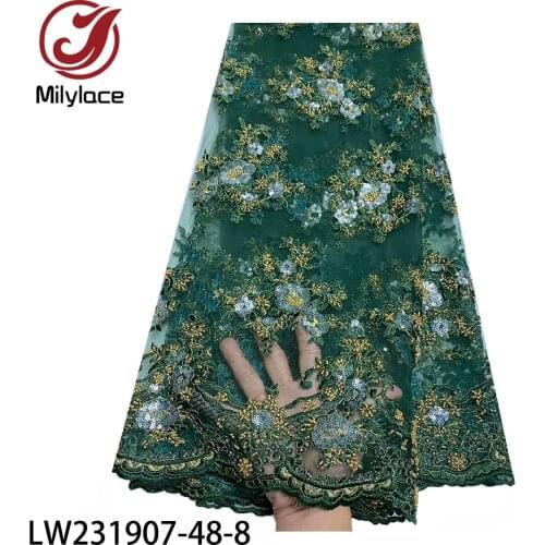 Latest French Lace Fabric with Sequins and Gold Beads Embroidered African Net Lace Fabric for Dress 5 Yards/Lot LW231907-48