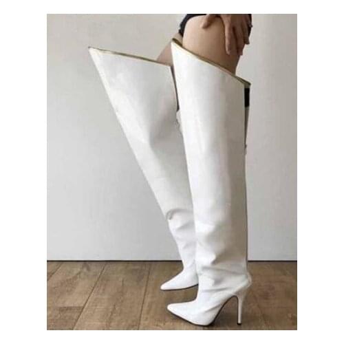 Drop Shipping Woman White Leather Pointed Toe Big Loose Irregular Gold Binding Over The Knee Boots Sexy Lady Winter Heels Boots