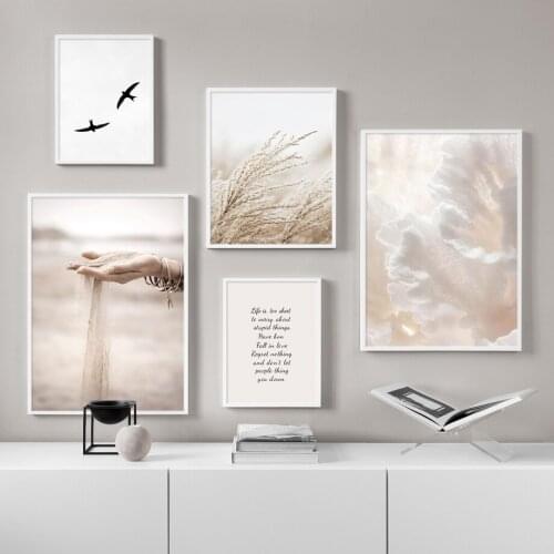 Sand Falling Reeds Mushroom Birds Calm Beach Nordic Posters and Prints Wall Art Canvas Painting Pictures For Living Room Decor