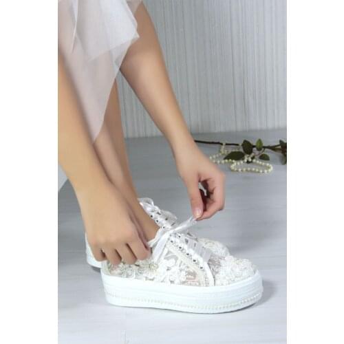 Nicole Ladies Bridal Women Pearl Lace Flower Luxury Handmade Fashion Platform High and Flat Heel White Wedding Shoes