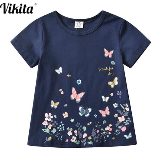 VIKITA Girls Cotton T-shirt Butterfly Print Clothes Girl O Neck Tops Kids Girls Summer Short Sleeve Casual Wear Kids Clothing