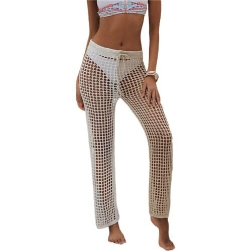 Women See Through Swimwear Bikini Cover Up Patchwork Wide Leg Beach Pants Summer Ladies Sexy Hollow Out Long Trousers