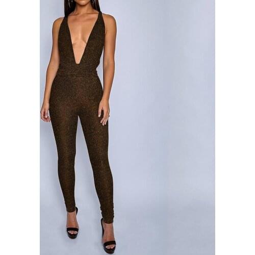 Sutimine Glitter Women Jumpsuits Long Pants Skinny Sexy V-Neck Bandage Cross Backless Sleeveless Sequins Women Party Clothing
