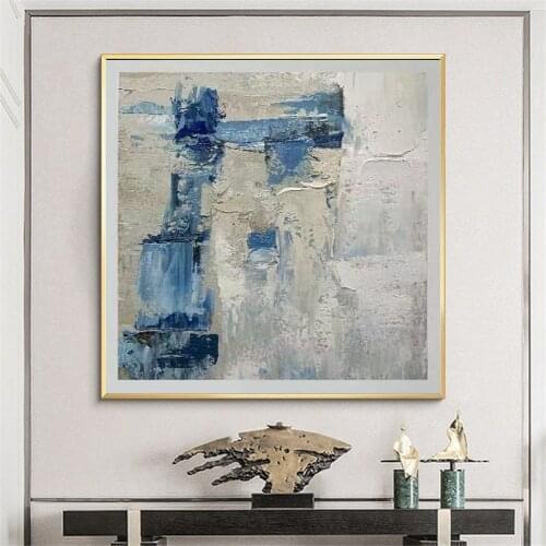 100%Hand-painted modern oil painting abstract knife painting blue off-white design canvas painting living room decoration poster