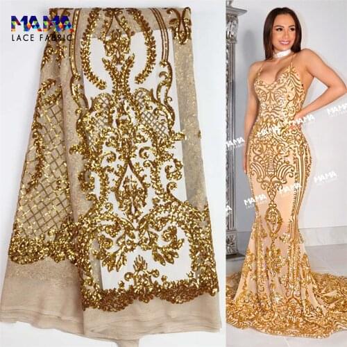 5 Yards Gold French Tulle Lace Fabric African Sequins Net Lace New Year Prom Party Dresses Sewing Traditional Wedding Material