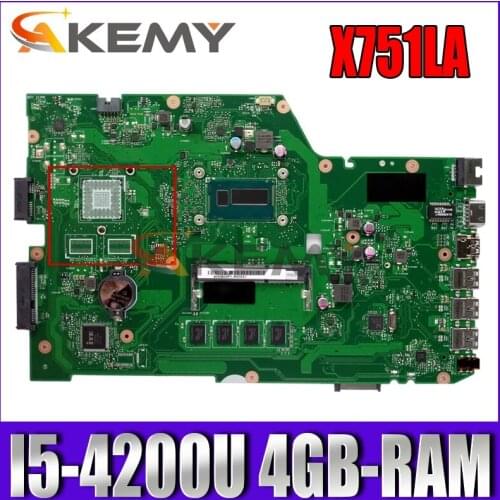 Akemy X751LD Laptop motherboard for ASUS X751LA X751LAB original mainboard 4GB-RAM I5-4200U LVDS/EDP