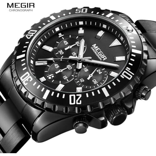 MEGIR Mens Stainless Steel Business Quartz Watches Chronograph Analogue 24 Hours Display Wrist Watch Man Luminous 2064G-BK-1