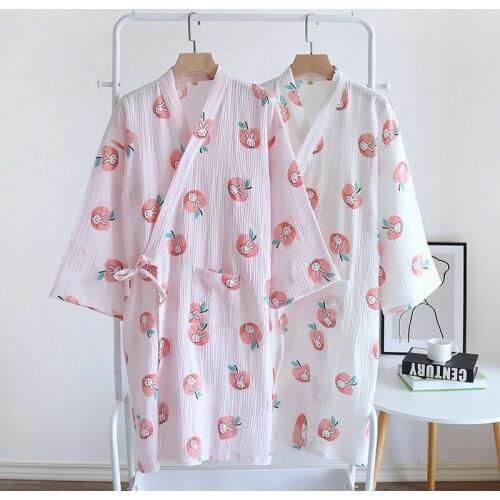Summer Japanese Thin Kimono Bathrobe Cotton Double Crepe Home Clothes Women Long Robe Three Quarter Sleeves Cartoon Robes 2021