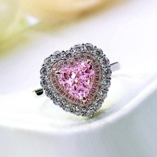 Fashion 100% 925 Sterling Silver Ring 7*7 MM Heart Cut Pink Sapphire Created Moissanite Gemstone Engagement Rings Fine Jewelry