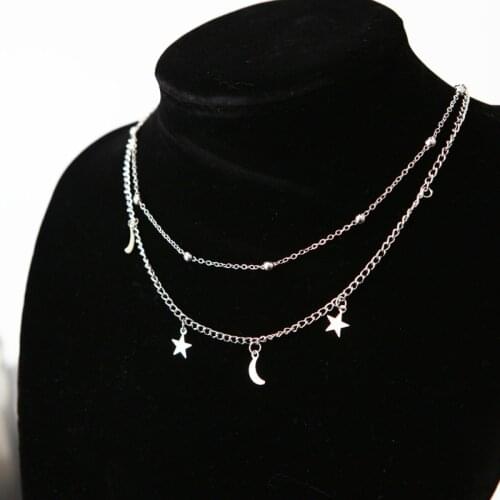 Korean jewelry simple double necklace moon star short paragraph wild wholesale chain clavicle Necklace Women