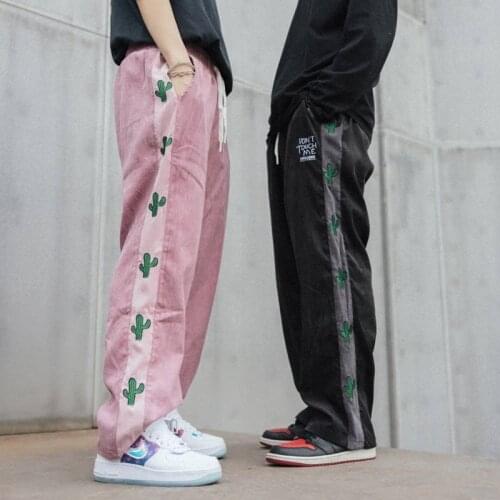 Fashion Hipster Cactus Embroidery Casual Pants Hip Hop Couple Wear Spring Autumn Loose Ins Trend Wide Leg Straight Trousers Men