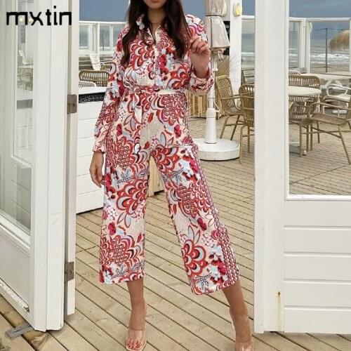 MXTIN 2021 Women Autumn Vintage Floral Print Bow Tie Sashes Playsuits Fashion Lapel Collar Long Sleeve Female Chic Jumpsuits