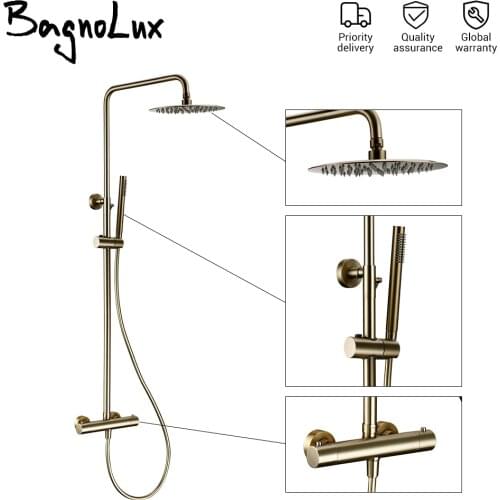 Thermostat Shower Mixer Valve Set Bathroom Thermostatic Faucet Wall Mount Shower Arm Diverter With Handheld Spray & Rain Head