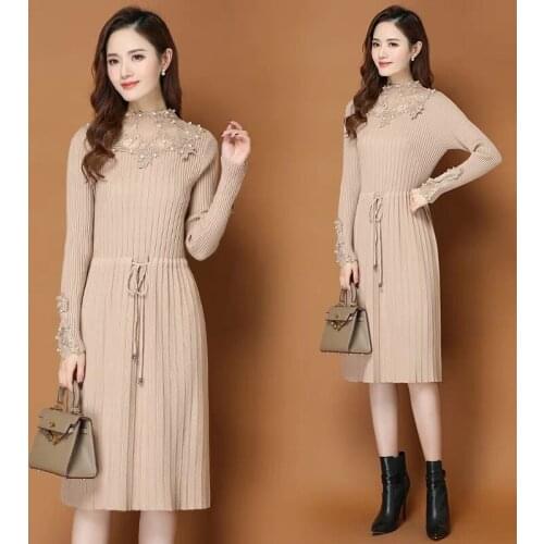 2020 New Womens Winter Tide Tide Knee Sweater Lace Side Dress With A Long Skirt Knitted Coat