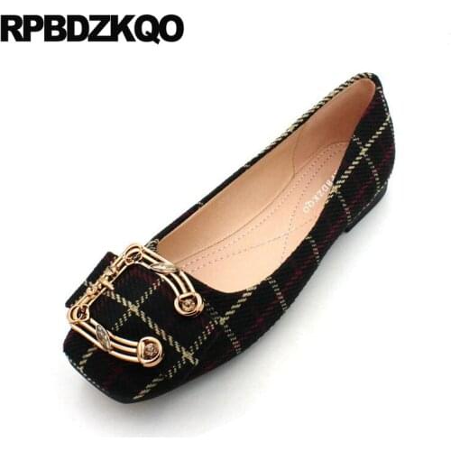 Plaid square toe large size metal rhinestone black big bow crystal diamond beautiful ballerina soft ballet flats women party