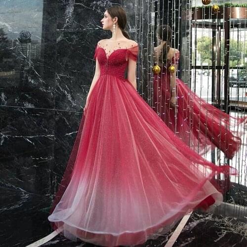 Sexy Red Gradient Prom Dresses 2020 Long A-line Off Shoulder Beading Elegant Dress Gown vestidos custom size LE40780
