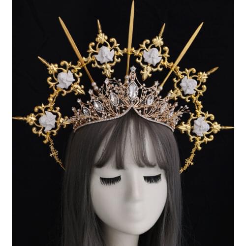 Gold Halo Goddess Headpiece Lolita Vintage KC Crown Headband Angel Virgin Mary Baroque Tiara Headwear