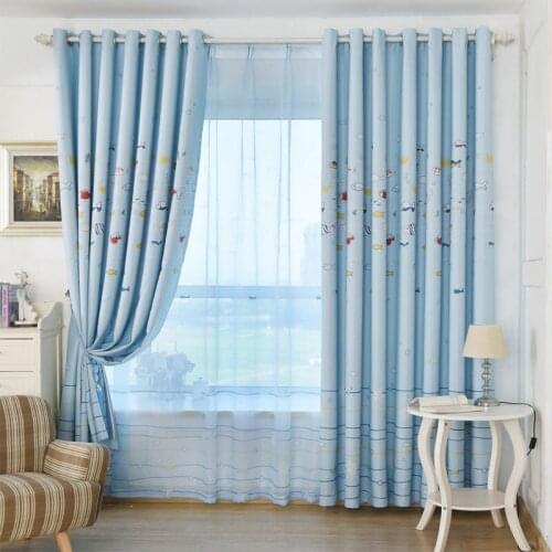 Living room childrens bedroom blue cartoon fish print tulle curtain childrens curtain fabric and tulle