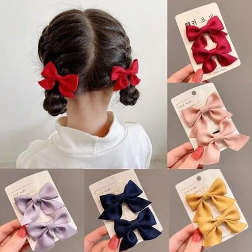 2Pcs Solid Color Polyester Hair Bows Hair Clips For Baby Girls Boutique Hairpins Barrettes Headwear Kids Hair Acesssories