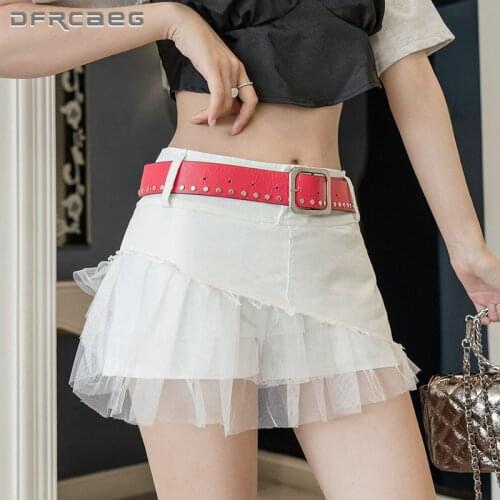 White Black Patchwork Lace Short Skirt With Belt 2021 High Waist Ball Gown Saia Casual Summer Shorts School Skirts Femme