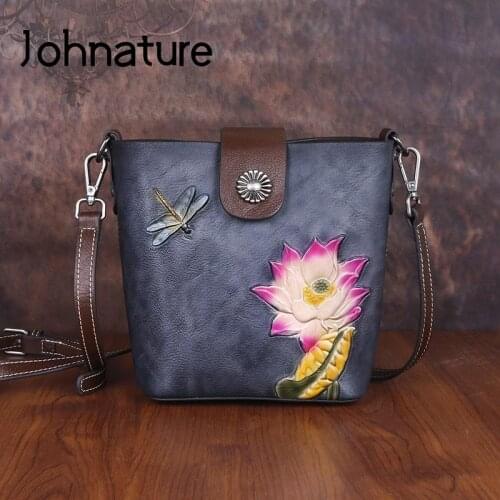 Johnature 2021 New Retro Cow Leather Women Bag Handmade Embossed Summer Small Bucket Bags Shoulder & Crossbody Bags