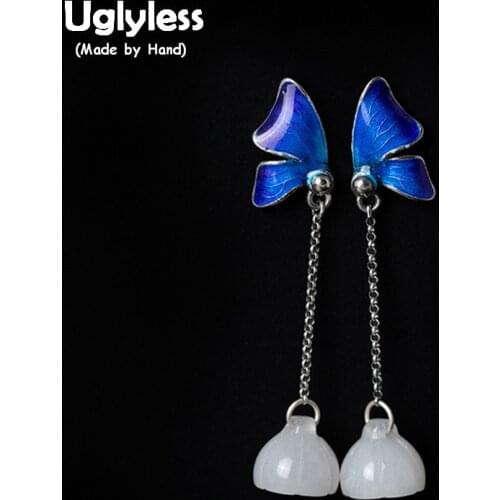 Uglyless 100% Real 925 Sterling Silver Butterflies Earrings for Women Enamel Butterfly Vintage Fine Jewelry Jade Lotus Earrings