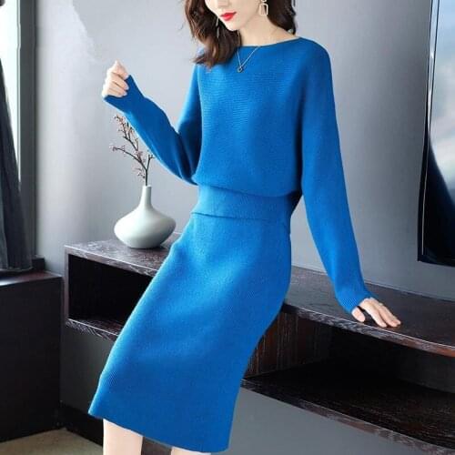 High Quality Autumn Winter Women Knitted 2 Piece Set Batwing Long Sleeve Sweater Tops+Slim Bodycon Skirt Female Sweater Suits