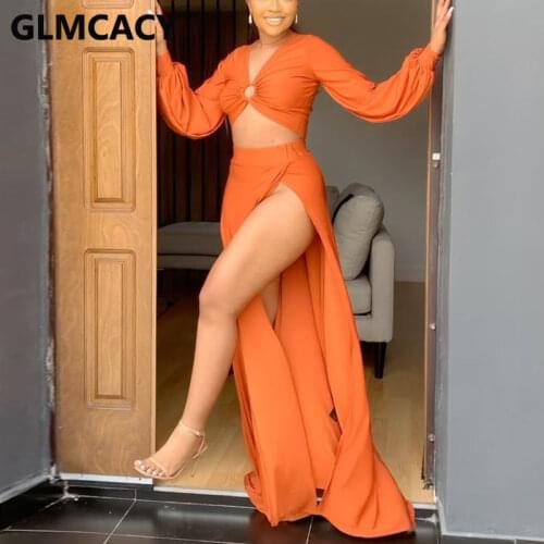 Women Two Piece Elegant Dress Suits Long Sleeve V Neck Crop Top & High Slit Maxi Skirt Set