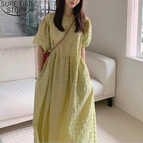 Women Summer 2021 Vintage Female Black Casual Dresses Plus Size Puff Sleeve Dress Korean Chic Green Loose Dress Vestidos 15359