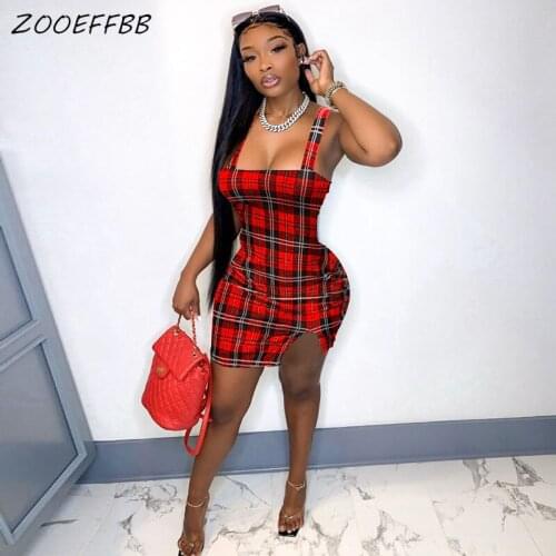 ZOOEFFBB Sexy Plaid Sleeveless Mini Dress Clubwear Outfits for Summer Women Rave Festival Clothes Bodycon Night Party Dresses