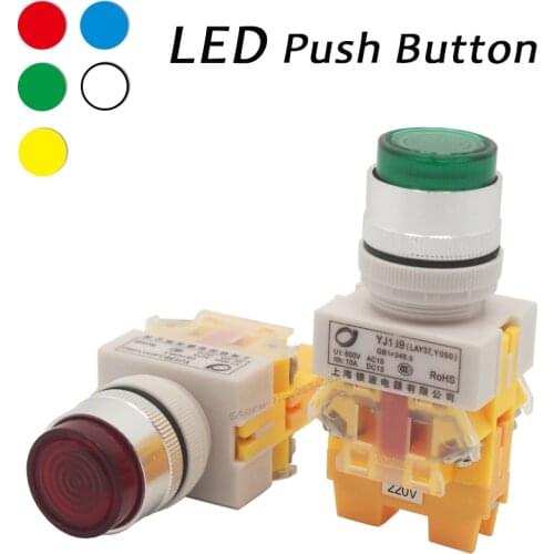 22mm LED Power 12V 24V 220V Push Button Switch 1NO1NC Push Self Reset Latching Lock Button Normally Open Closed ON OFF LAY37