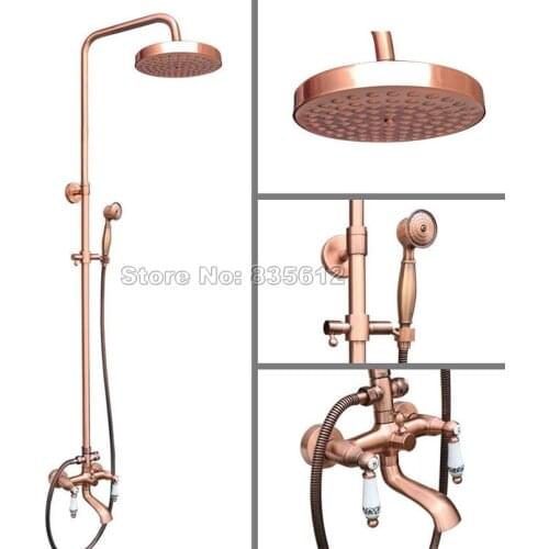 Antique Red Copper Bathroom Rain Shower Faucet Wall Mounted Set Dual Ceramic Handles Bathtub Mixer Tap + Handheld Shower Wrg542