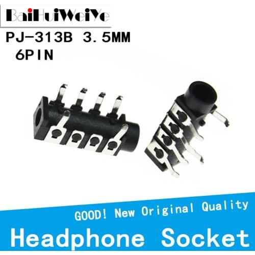 20PCS/LOT PJ-313B PJ313B Female Audio Connector 3.5mm 6 contacts stereo audio socket through hole right angle audio plug
