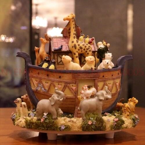 Automatic swivel Noahs Ark animal world resin music box 3pcs