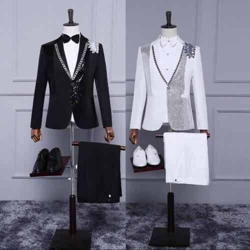 Free Shipping 2020 New Men White Sequins Suits Singer Stage Show Dance Singer Groom Wedding Suits (jacket+pants)