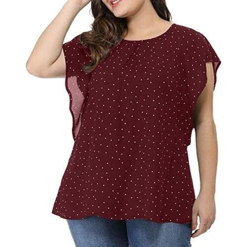 Plus Size Polka Dot Knot Printing Womens Blouse O-Neck Summer Loose Short Sleeve Shirt Top Front Short Sleeve Blusas Pullover
