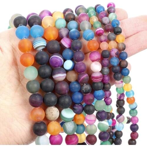 Natural Stone Beads Frosted Mixed Color Striped Agate Loose Beads for Jewelry Making Needlework DIY Bracelet Strand 4-12 MM