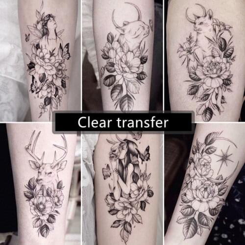 Black Large Snake Flower Fake Tattoo Sticker For Women Dot Rose Peony Temporary Tattoos DIY Water Transfer Tatoos Girls