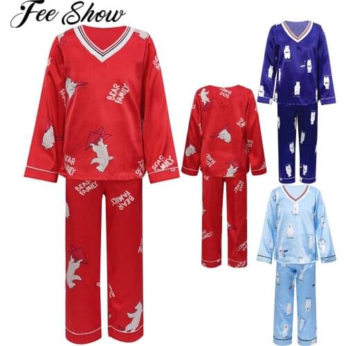 Kids Faux Satin Pajamas Girls Autumn Winter Long Sleeve Sleepwear Suit Cute Cartoon Beat Print Tops Pants Children Nightgown Set