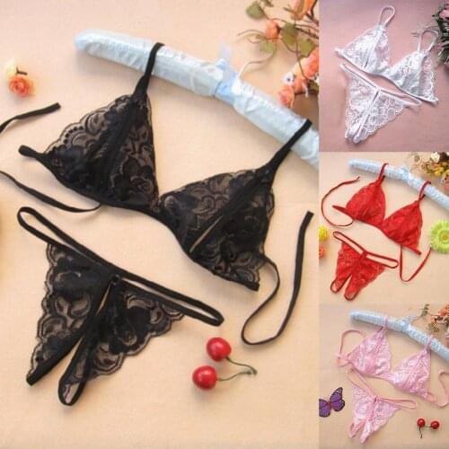 Erotic Women Lace See Through Triangle Cup Women Underwear Set Sexy Lace Transparent Bra G-String Underwear Sets
