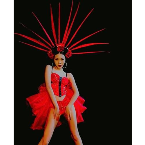 Artistic Stage Costume Rose Feather Headdress Suit Catwalk Show Clothing Women Gogo Dancing Performance Wear Mesh Skirt VDB3913